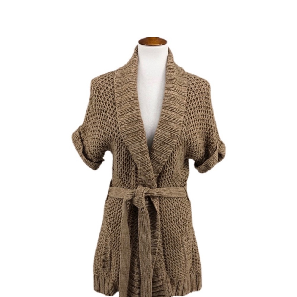 Lilly Pulitzer Tan Chunky Knit Short Sleeve Ribbed Belted Cardigan cashmere wool